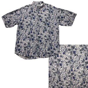 VTG 90s Silk Connection Abstract‎ Print Button Up Shirt Blue Retro Beachy Mens L
